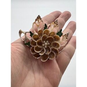 Vintage Natural Sea Shell Flower Brooch with Faux Pearl Accents Coastal Pin